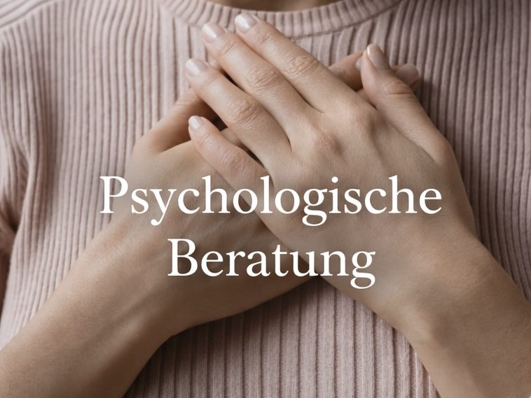 Psychologische Beratung Hände, die sich über dem Herzen kreuzen, mit dem Text "Psychologische Beratung".